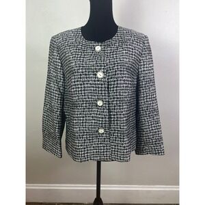 Talbots Blazer Silk Wool Blend Black White Checkered Button Front Jacket 16P